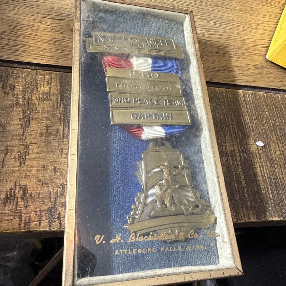 Vtg 1960 NRA Award Medal 3rd Place Captain Shooting Ribbon In Metal Case